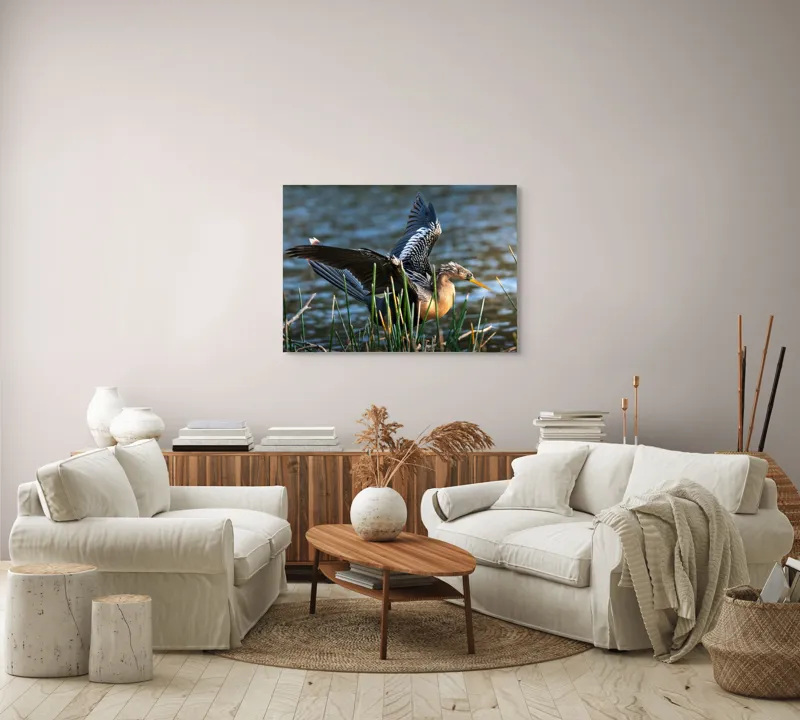 Tablou Canvas, "Pasărea elegantă pe marginea apei", Pasăre, Apă, Aripi, Stuf, Nuanțe, Natură, Lumină, Răsfirare, Grație, Pene, 100 x 70 cm – poza 3