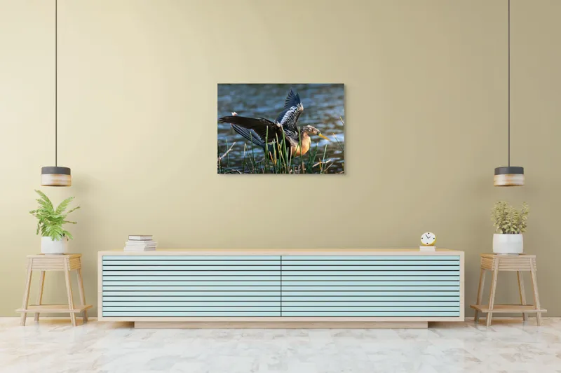 Tablou Canvas, "Pasărea elegantă pe marginea apei", Pasăre, Apă, Aripi, Stuf, Nuanțe, Natură, Lumină, Răsfirare, Grație, Pene, 100 x 70 cm – poza 4