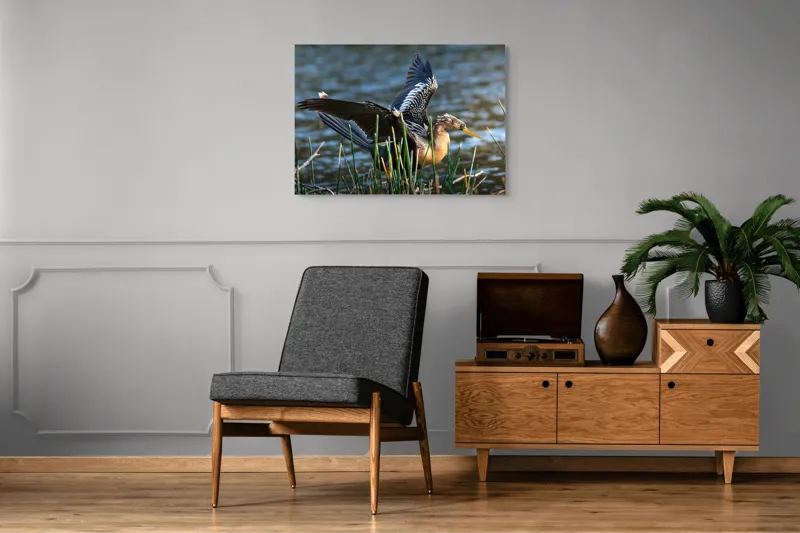 Tablou Canvas, "Pasărea elegantă pe marginea apei", Pasăre, Apă, Aripi, Stuf, Nuanțe, Natură, Lumină, Răsfirare, Grație, Pene, 100 x 70 cm – poza 8