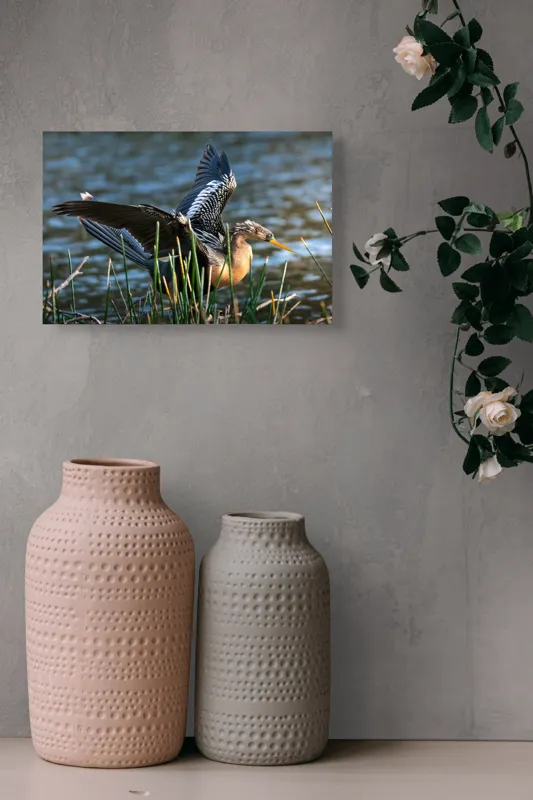 Tablou Canvas, "Pasărea elegantă pe marginea apei", Pasăre, Apă, Aripi, Stuf, Nuanțe, Natură, Lumină, Răsfirare, Grație, Pene, 39 x 26 cm – poza 4
