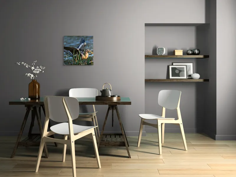 Tablou Canvas, "Pasărea elegantă pe marginea apei", Pasăre, Apă, Aripi, Stuf, Nuanțe, Natură, Lumină, Răsfirare, Grație, Pene, 50 x 50 cm – poza 8