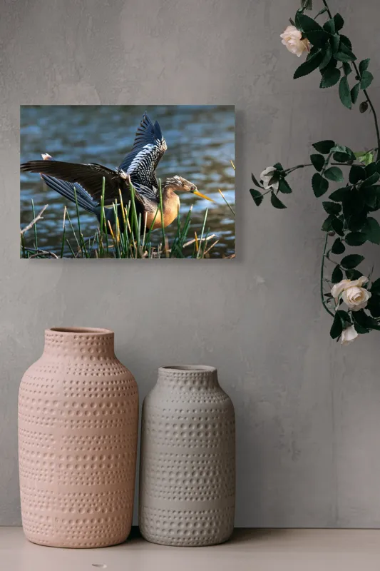 Tablou Canvas, "Pasărea elegantă pe marginea apei", Pasăre, Apă, Aripi, Stuf, Nuanțe, Natură, Lumină, Răsfirare, Grație, Pene, 54 x 39 cm – poza 8