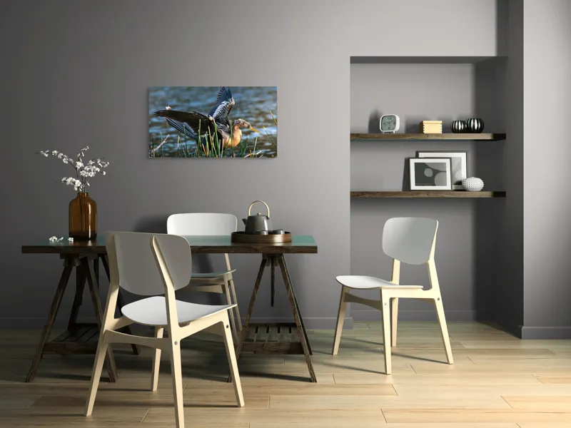 Tablou Canvas, "Pasărea elegantă pe marginea apei", Pasăre, Apă, Aripi, Stuf, Nuanțe, Natură, Lumină, Răsfirare, Grație, Pene, 90 x 50 cm – poza 3