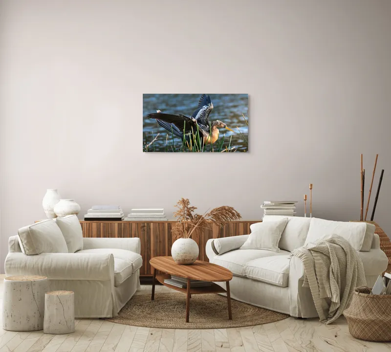 Tablou Canvas, "Pasărea elegantă pe marginea apei", Pasăre, Apă, Aripi, Stuf, Nuanțe, Natură, Lumină, Răsfirare, Grație, Pene, 90 x 50 cm – poza 4