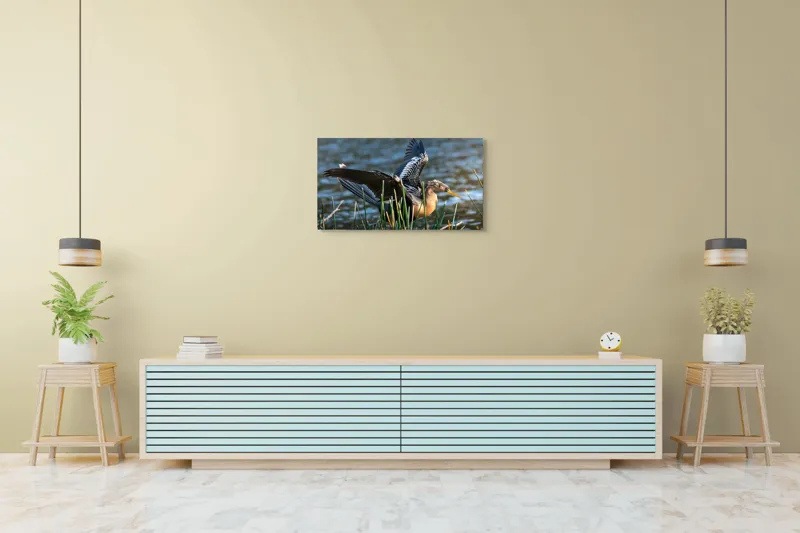 Tablou Canvas, "Pasărea elegantă pe marginea apei", Pasăre, Apă, Aripi, Stuf, Nuanțe, Natură, Lumină, Răsfirare, Grație, Pene, 90 x 50 cm – poza 5