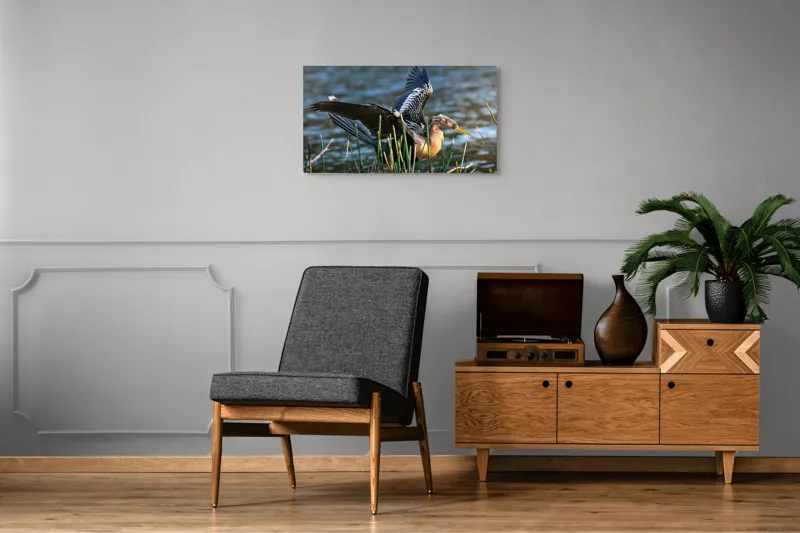 Tablou Canvas, "Pasărea elegantă pe marginea apei", Pasăre, Apă, Aripi, Stuf, Nuanțe, Natură, Lumină, Răsfirare, Grație, Pene, 90 x 50 cm – poza 6