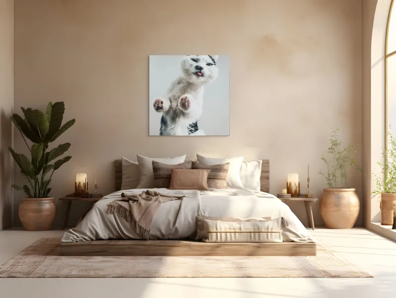 Tablou Canvas, "Pisică jucăușă în aer senin", Pisică, Blăniță, Lăbuțe, Expresie, Jucăușă, Fundal, Deschis, Amuzantă., 100 x 100 cm – poza 4
