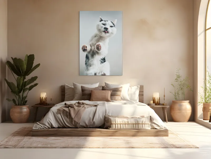 Tablou Canvas, "Pisică jucăușă în aer senin", Pisică, Blăniță, Lăbuțe, Expresie, Jucăușă, Fundal, Deschis, Amuzantă., 100 x 150 cm – poza 3