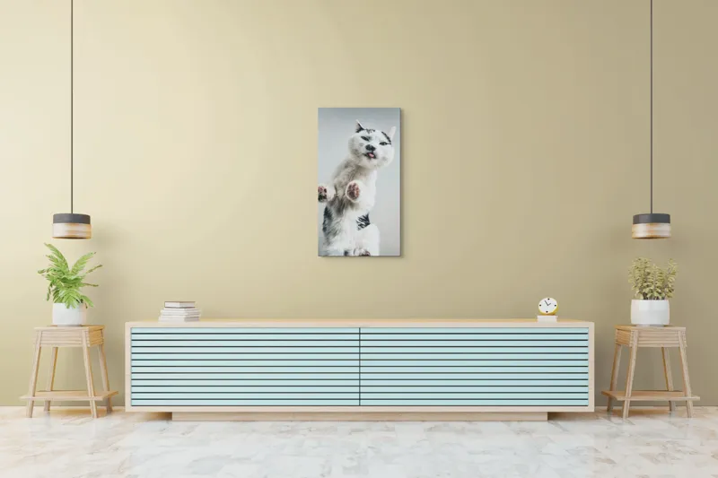 Tablou Canvas, "Pisică jucăușă în aer senin", Pisică, Blăniță, Lăbuțe, Expresie, Jucăușă, Fundal, Deschis, Amuzantă., 50 x 90 cm – poza 6