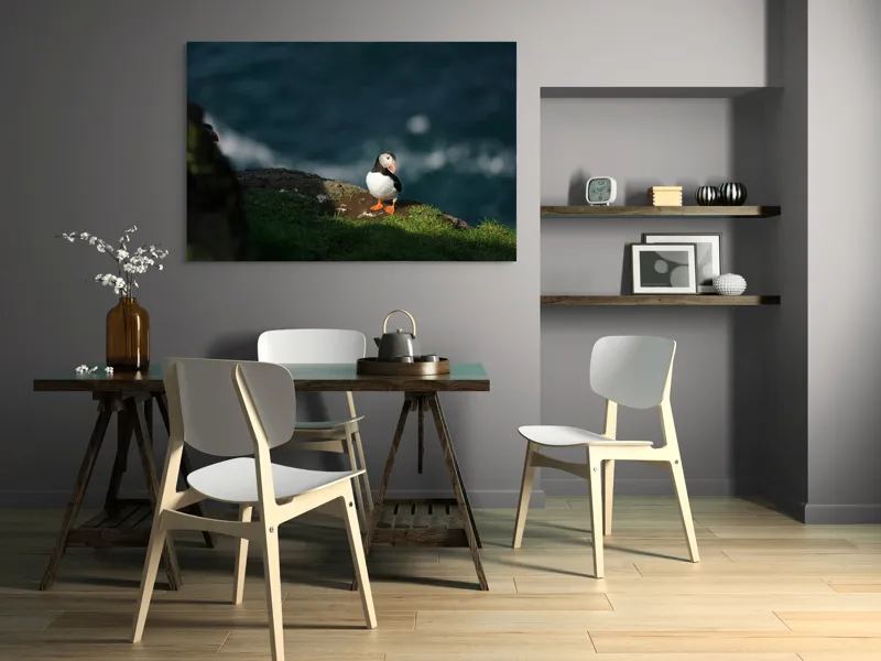 Tablou Canvas, "Puffin pe stâncă la malul mării", Puffin, Stâncă, Mare, Iarbă, Soare, Umbre, Penaj, Ocean, Peisaj, Natura, 150 x 100 cm – poza 5