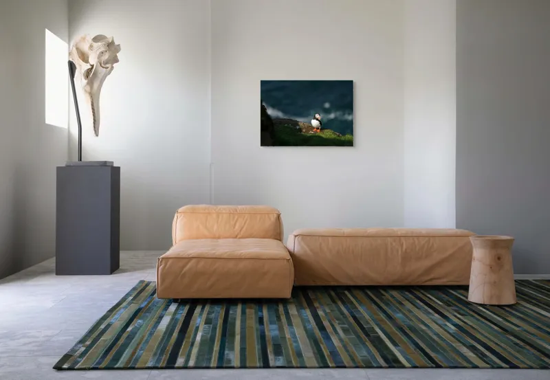 Tablou Canvas, "Puffin pe stâncă la malul mării", Puffin, Stâncă, Mare, Iarbă, Soare, Umbre, Penaj, Ocean, Peisaj, Natura, 70 x 50 cm – poza 8