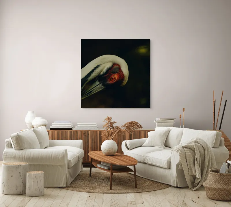 Tablou Canvas, "Privirea enigmatică a cocorului solitar", Gratie, Eleganta, Introspectie, Liniste, Mister, Contrast, Profunzime, 100 x 100 cm – poza 3