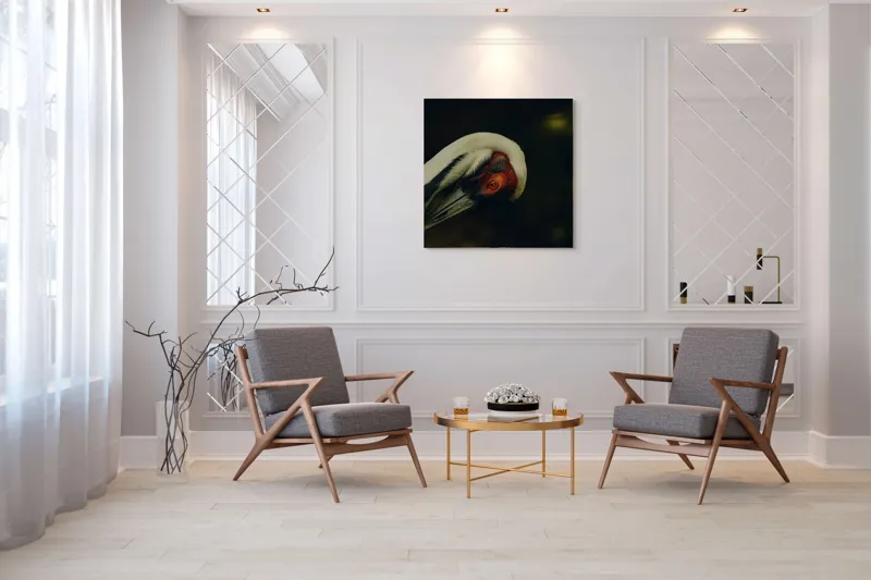 Tablou Canvas, "Privirea enigmatică a cocorului solitar", Gratie, Eleganta, Introspectie, Liniste, Mister, Contrast, Profunzime, 100 x 100 cm – poza 7