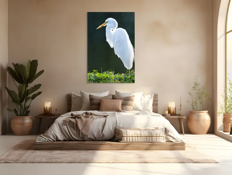 Tablou Canvas, "Egreta albă în lumina dimineții", Egret, Elegance, Plumage, Reflection, Nature, 100 x 150 cm – poza 3