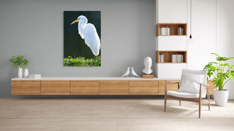 Tablou Canvas, "Egreta albă în lumina dimineții", Egret, Elegance, Plumage, Reflection, Nature, 100 x 150 cm – poza 8