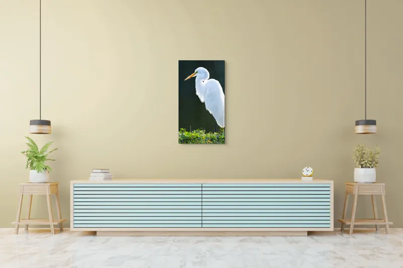 Tablou Canvas, "Egreta albă în lumina dimineții", Egret, Elegance, Plumage, Reflection, Nature, 50 x 90 cm – poza 6