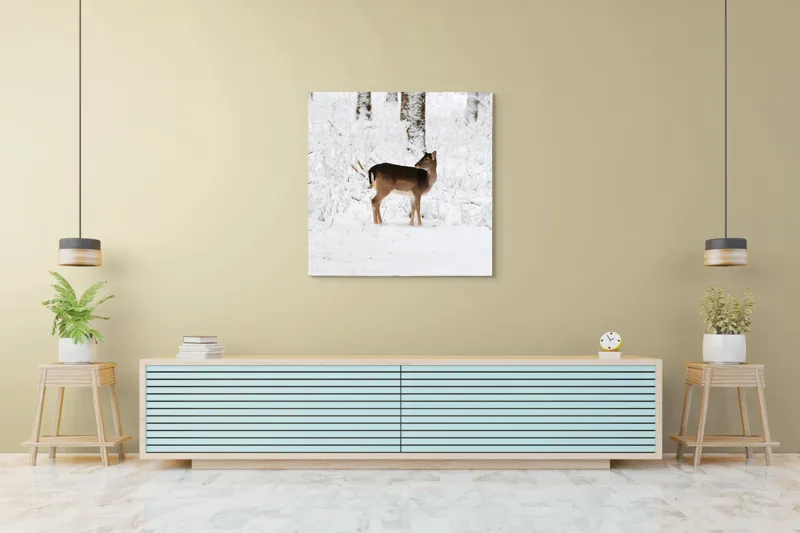 Tablou Canvas, "Căprioară singuratică în pădurea înzăpezită", Plante, Zăpadă, Copac, Cerb, Frig, Natural, Iarnă, Peisaj, 100 x 100 cm – poza 5