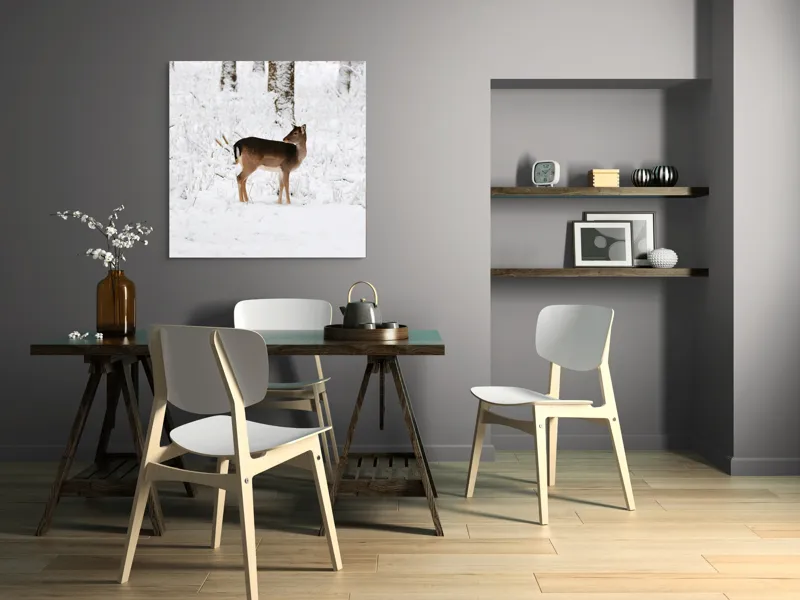Tablou Canvas, "Căprioară singuratică în pădurea înzăpezită", Plante, Zăpadă, Copac, Cerb, Frig, Natural, Iarnă, Peisaj, 100 x 100 cm – poza 6