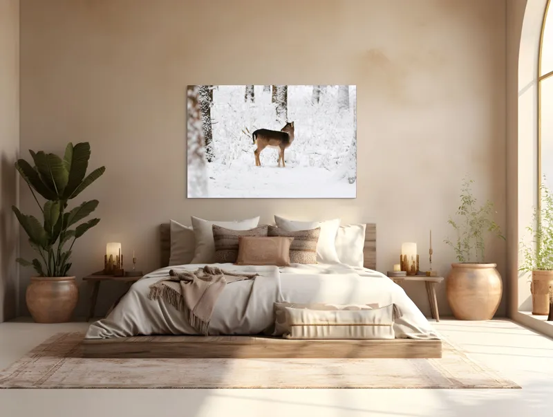 Tablou Canvas, "Căprioară singuratică în pădurea înzăpezită", Plante, Zăpadă, Copac, Cerb, Frig, Natural, Iarnă, Peisaj, 150 x 100 cm – poza 4