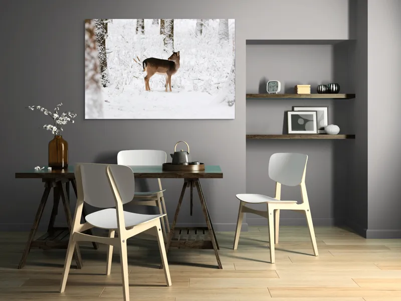 Tablou Canvas, "Căprioară singuratică în pădurea înzăpezită", Plante, Zăpadă, Copac, Cerb, Frig, Natural, Iarnă, Peisaj, 150 x 100 cm – poza 5