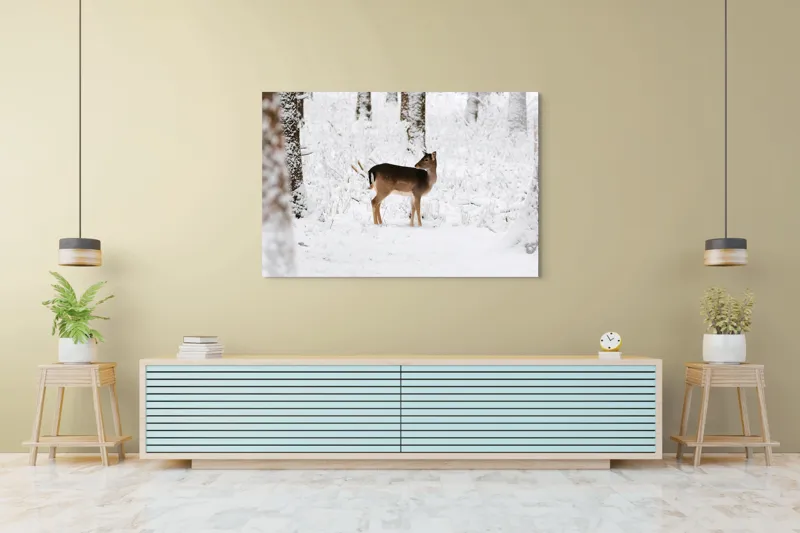 Tablou Canvas, "Căprioară singuratică în pădurea înzăpezită", Plante, Zăpadă, Copac, Cerb, Frig, Natural, Iarnă, Peisaj, 150 x 100 cm – poza 6