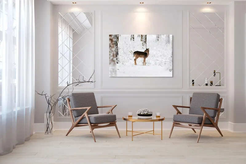 Tablou Canvas, "Căprioară singuratică în pădurea înzăpezită", Plante, Zăpadă, Copac, Cerb, Frig, Natural, Iarnă, Peisaj, 150 x 100 cm – poza 7