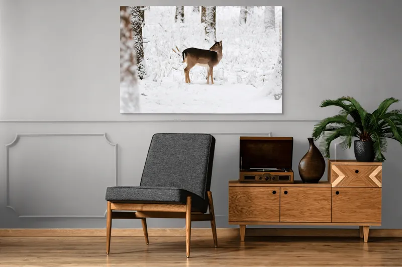 Tablou Canvas, "Căprioară singuratică în pădurea înzăpezită", Plante, Zăpadă, Copac, Cerb, Frig, Natural, Iarnă, Peisaj, 150 x 100 cm – poza 8