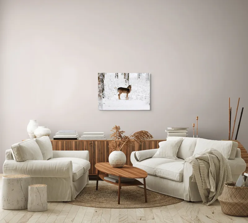 Tablou Canvas, "Căprioară singuratică în pădurea înzăpezită", Plante, Zăpadă, Copac, Cerb, Frig, Natural, Iarnă, Peisaj, 70 x 50 cm – poza 6