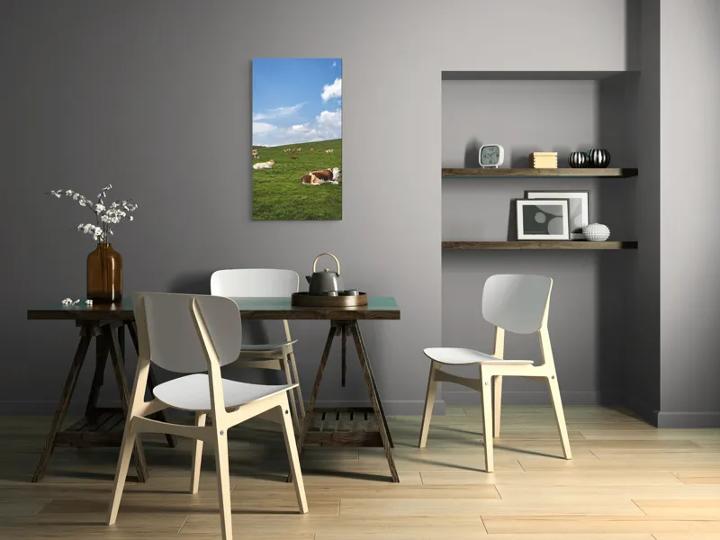 Tablou Canvas, "Vaci odihnindu-se pe deal verde", Nori, Cer, Vaci, Pajiște, Verde, Albastru, Relaxare, Natură, Peisaj, Liniște, 50 x 90 cm – poza 4