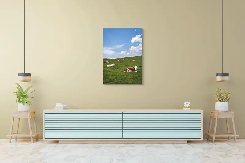 Tablou Canvas, "Vaci odihnindu-se pe deal verde", Nori, Cer, Vaci, Pajiște, Verde, Albastru, Relaxare, Natură, Peisaj, Liniște, 70 x 100 cm – poza 5