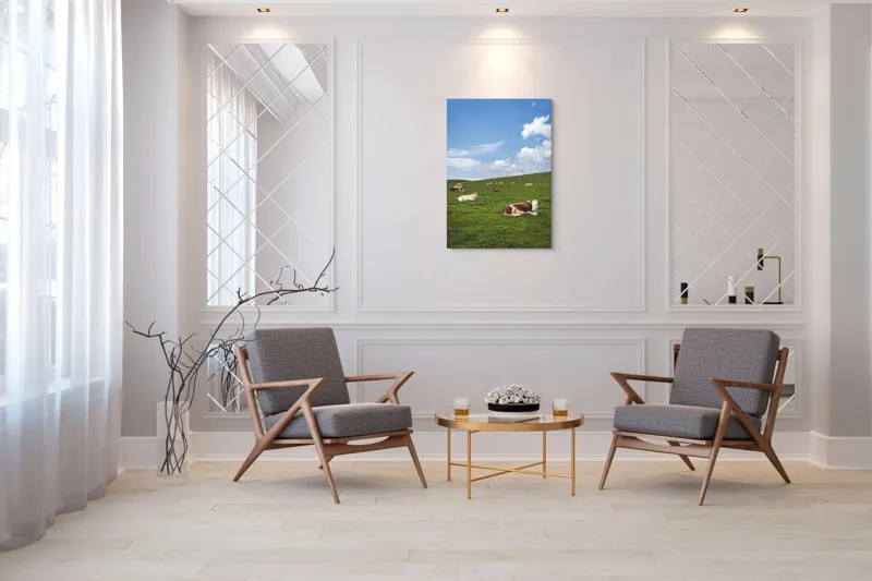 Tablou Canvas, "Vaci odihnindu-se pe deal verde", Nori, Cer, Vaci, Pajiște, Verde, Albastru, Relaxare, Natură, Peisaj, Liniște, 70 x 100 cm – poza 8