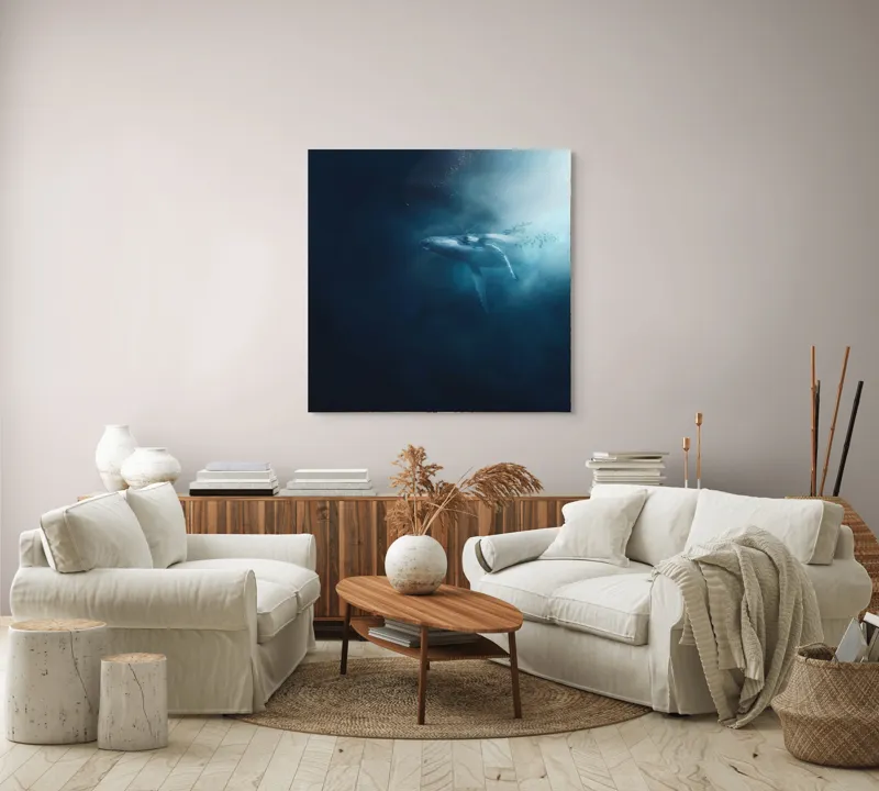 Tablou Canvas, "Balena dansând în lumina albastră", Albastru, Lumină, Balena, Ocean, Nemărginire, Mister, Grație, Profunzime, Frumusețe, Calm., 100 x 100 cm – poza 3