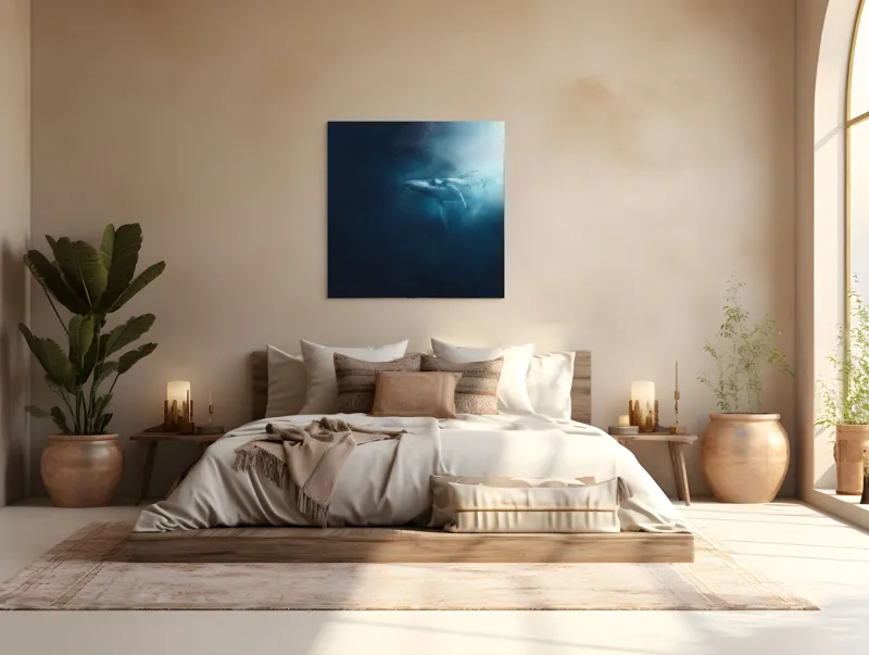 Tablou Canvas, "Balena dansând în lumina albastră", Albastru, Lumină, Balena, Ocean, Nemărginire, Mister, Grație, Profunzime, Frumusețe, Calm., 100 x 100 cm – poza 4