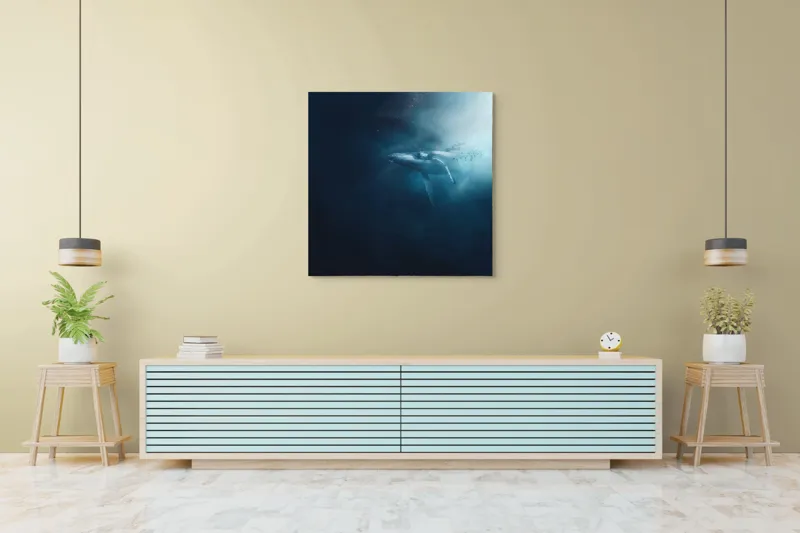 Tablou Canvas, "Balena dansând în lumina albastră", Albastru, Lumină, Balena, Ocean, Nemărginire, Mister, Grație, Profunzime, Frumusețe, Calm., 100 x 100 cm – poza 5