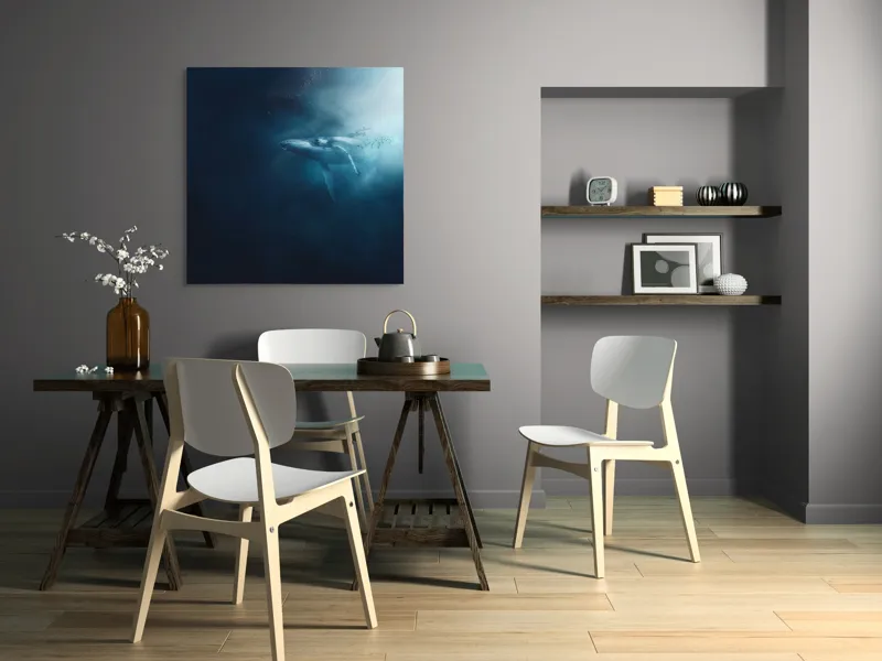 Tablou Canvas, "Balena dansând în lumina albastră", Albastru, Lumină, Balena, Ocean, Nemărginire, Mister, Grație, Profunzime, Frumusețe, Calm., 100 x 100 cm – poza 6