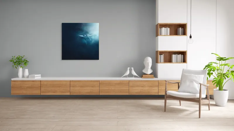 Tablou Canvas, "Balena dansând în lumina albastră", Albastru, Lumină, Balena, Ocean, Nemărginire, Mister, Grație, Profunzime, Frumusețe, Calm., 100 x 100 cm – poza 8