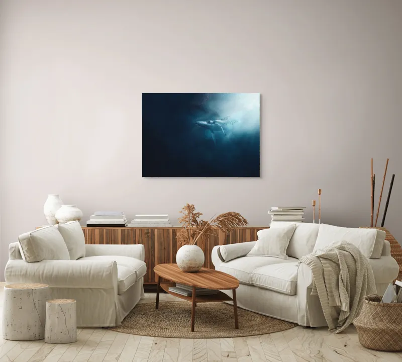Tablou Canvas, "Balena dansând în lumina albastră", Albastru, Lumină, Balena, Ocean, Nemărginire, Mister, Grație, Profunzime, Frumusețe, Calm., 100 x 70 cm – poza 3