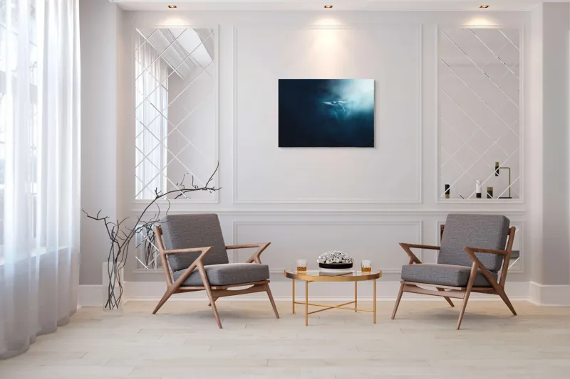 Tablou Canvas, "Balena dansând în lumina albastră", Albastru, Lumină, Balena, Ocean, Nemărginire, Mister, Grație, Profunzime, Frumusețe, Calm., 100 x 70 cm – poza 5