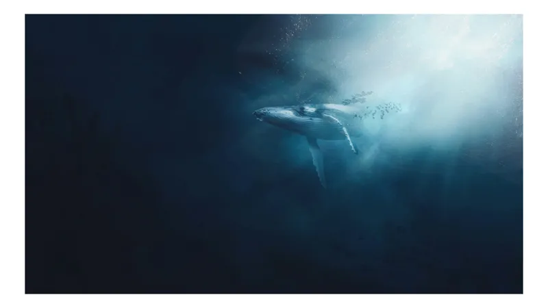 Tablou Canvas, "Balena dansând în lumina albastră", Albastru, Lumină, Balena, Ocean, Nemărginire, Mister, Grație, Profunzime, Frumusețe, Calm., 70 x 50 cm