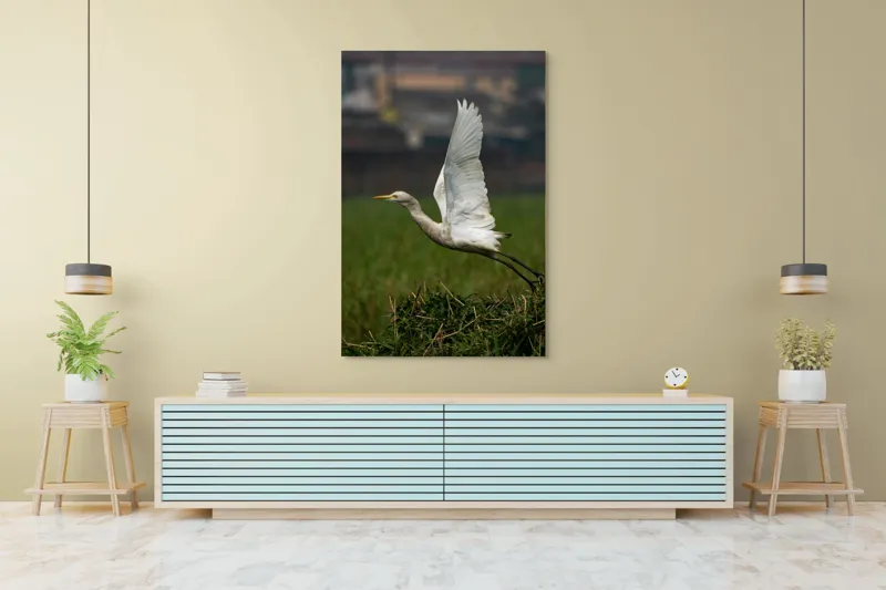 Tablou Canvas, "Egreta alunecând prin natură verde", Egreta, Zbor, Aripi, Libertate, Natură, Graziozitate, Verdeață, Peisaj., 100 x 150 cm – poza 4