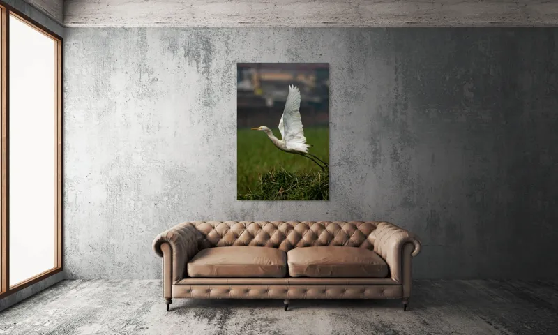 Tablou Canvas, "Egreta alunecând prin natură verde", Egreta, Zbor, Aripi, Libertate, Natură, Graziozitate, Verdeață, Peisaj., 100 x 150 cm – poza 6