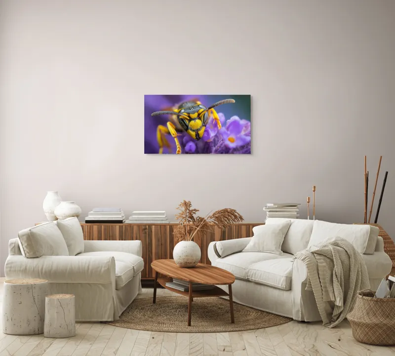 Tablou Canvas, "Viespe pe floare de lavandă", Albina, Flori, Culori, Natură, Macrofotografie, 90 x 50 cm – poza 4