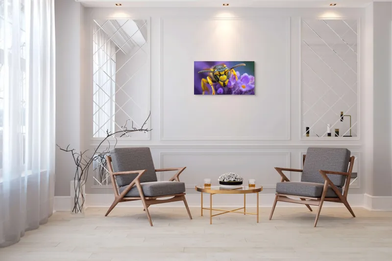 Tablou Canvas, "Viespe pe floare de lavandă", Albina, Flori, Culori, Natură, Macrofotografie, 90 x 50 cm – poza 7
