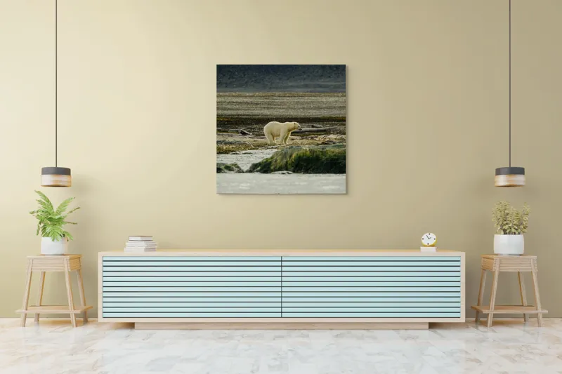 Tablou Canvas, "Urs polar în peisaj arctic solitar", Ghiețar, Urs, Solitar, Tăcere, Natură, Frig, Linie, Norvegia, Peisaj, Nordic, 100 x 100 cm – poza 5