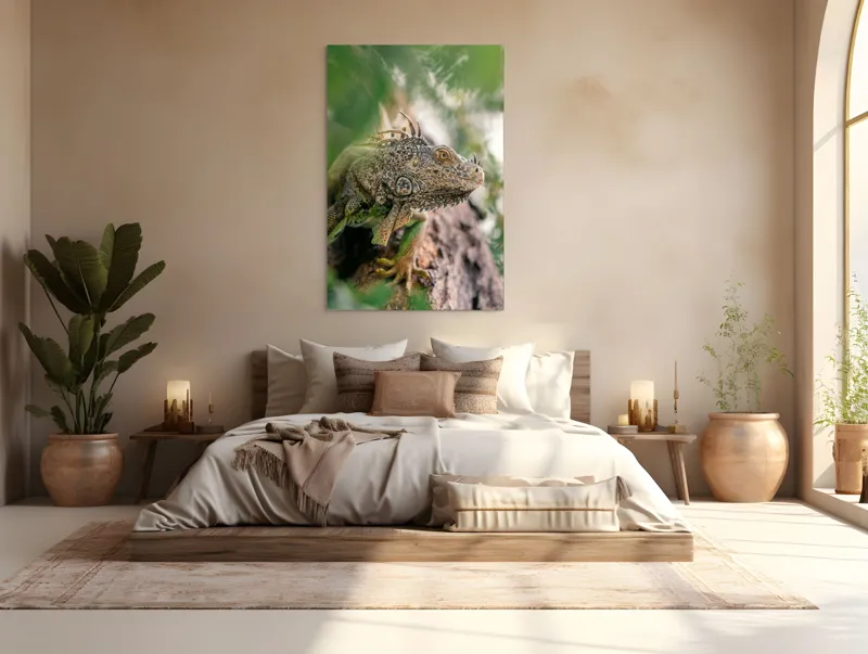 Tablou Canvas, "Iguana printre frunze și crengi", Verde, Reptilă, Trunchi, Textură, Frunziș, Detalii, Natură, Primate, Culoare, Explorare, 100 x 150 cm – poza 3