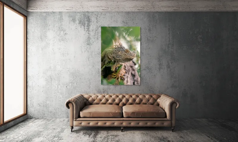 Tablou Canvas, "Iguana printre frunze și crengi", Verde, Reptilă, Trunchi, Textură, Frunziș, Detalii, Natură, Primate, Culoare, Explorare, 100 x 150 cm – poza 6