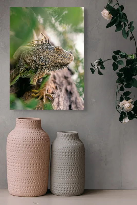 Tablou Canvas, "Iguana printre frunze și crengi", Verde, Reptilă, Trunchi, Textură, Frunziș, Detalii, Natură, Primate, Culoare, Explorare, 39 x 54 cm – poza 6