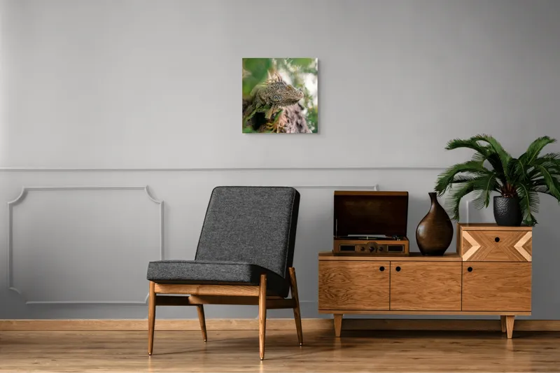 Tablou Canvas, "Iguana printre frunze și crengi", Verde, Reptilă, Trunchi, Textură, Frunziș, Detalii, Natură, Primate, Culoare, Explorare, 50 x 50 cm – poza 6