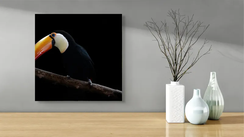 Tablou Canvas, "Tucanul pe creanga în întuneric profondă", Pasăre, Colorată, Cioc, Lung, Negru, Ramură, Fundal, Întuneric, 50 x 50 cm – poza 3