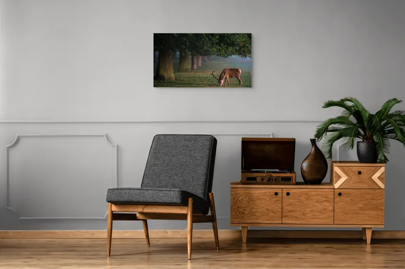 Tablou Canvas, "Cerbul pășind în lumina dimineții", Cerb, Pădure, Verdeață, Lumină, Serenitate, Natură, Pace, Copaci, Iarbă, Tranquilitate, 90 x 50 cm – poza 6